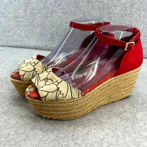 Tory Burch Sherri Floral Platform Espadrille Wedge Sandal - Red/White -Women 9